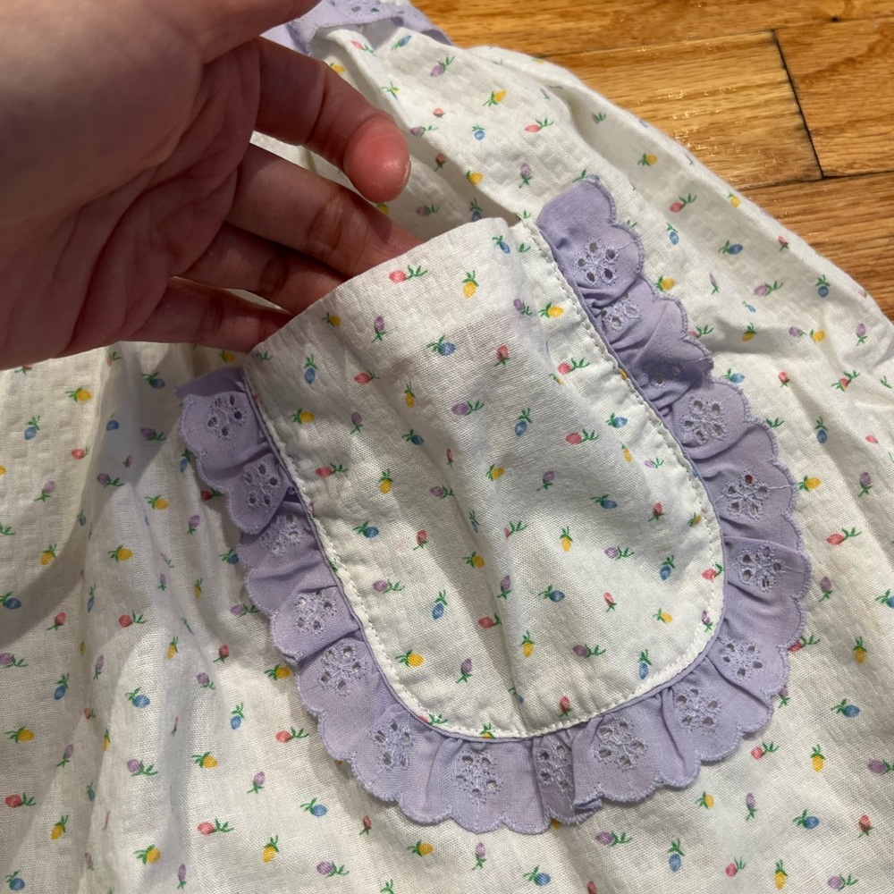 Vintage Unbranded Purple, Pink, Blue and Yellow Flower Print Sundress w/ Lace - Picture 3 of 10